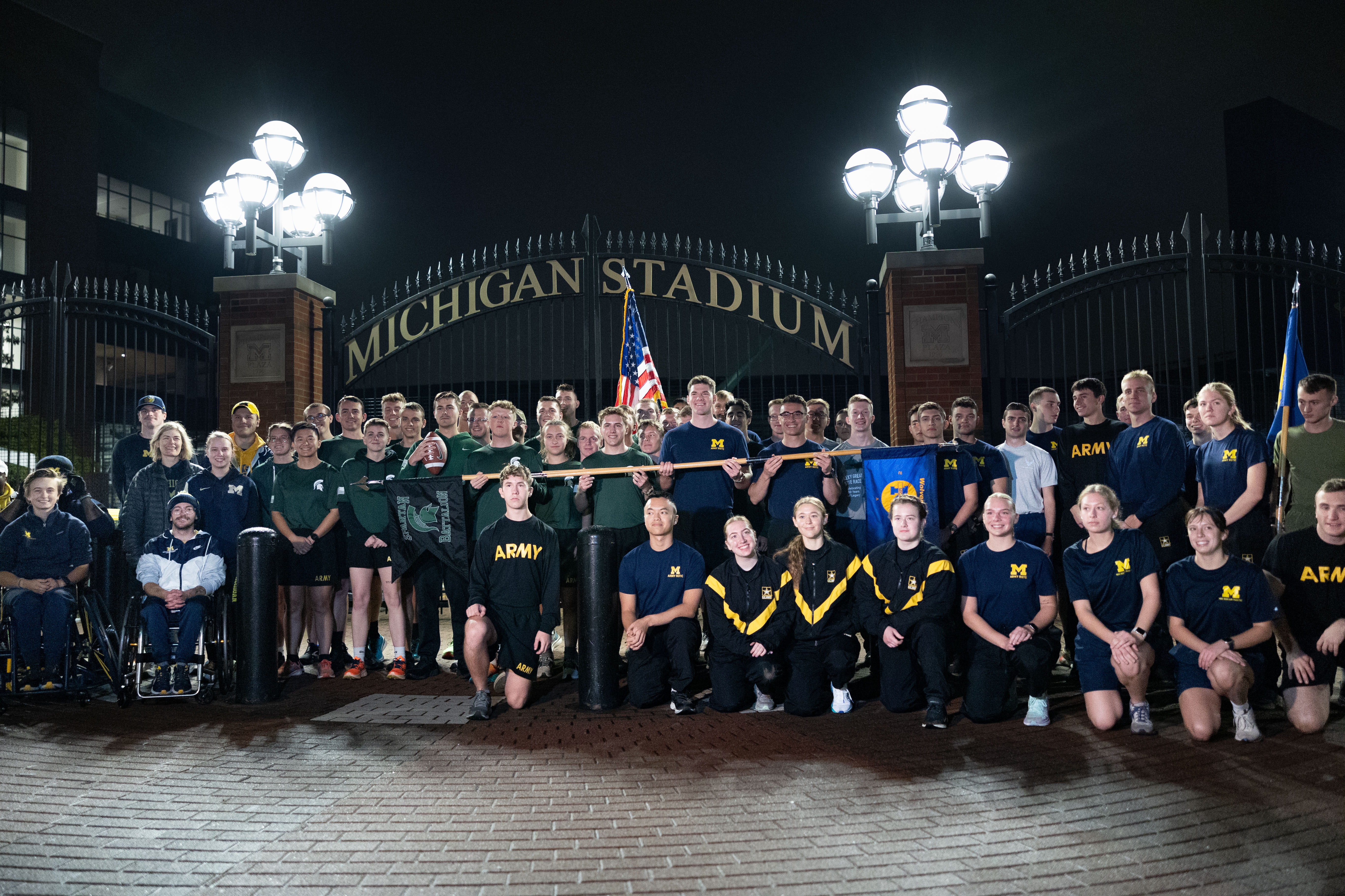 Army ROTC Cadets from UM and MSU all pose for a group photo before start of race