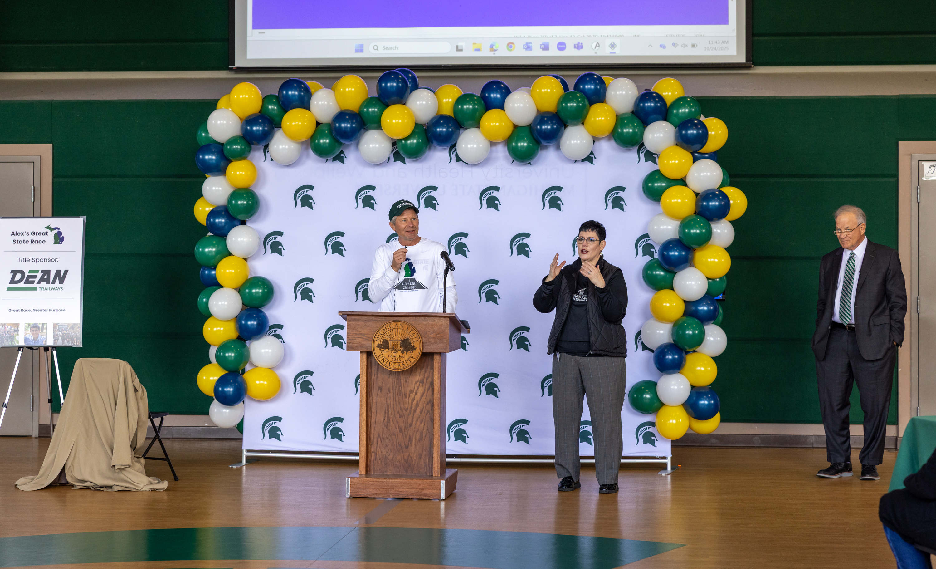 MSU President Guskiewicz speaking at Landing Ceremony