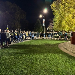 UM and MSU ROTC cadets standing together at the AGSR Launch ceremony with listening to speaker Provost Jeitschko; a side view