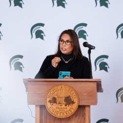 Juliana Powell speaking at Landing Ceremony