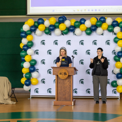 Anya Cobler, UM, speaking at Landing Ceremony