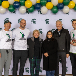 Photo of MSU President Guskiewicz, RCPD Director, Allen Sheffield, Juliana and Steve Powell, and Athletic Director, J. Batt