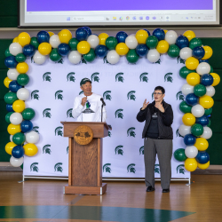 MSU President Guskiewicz speaking at Landing Ceremony